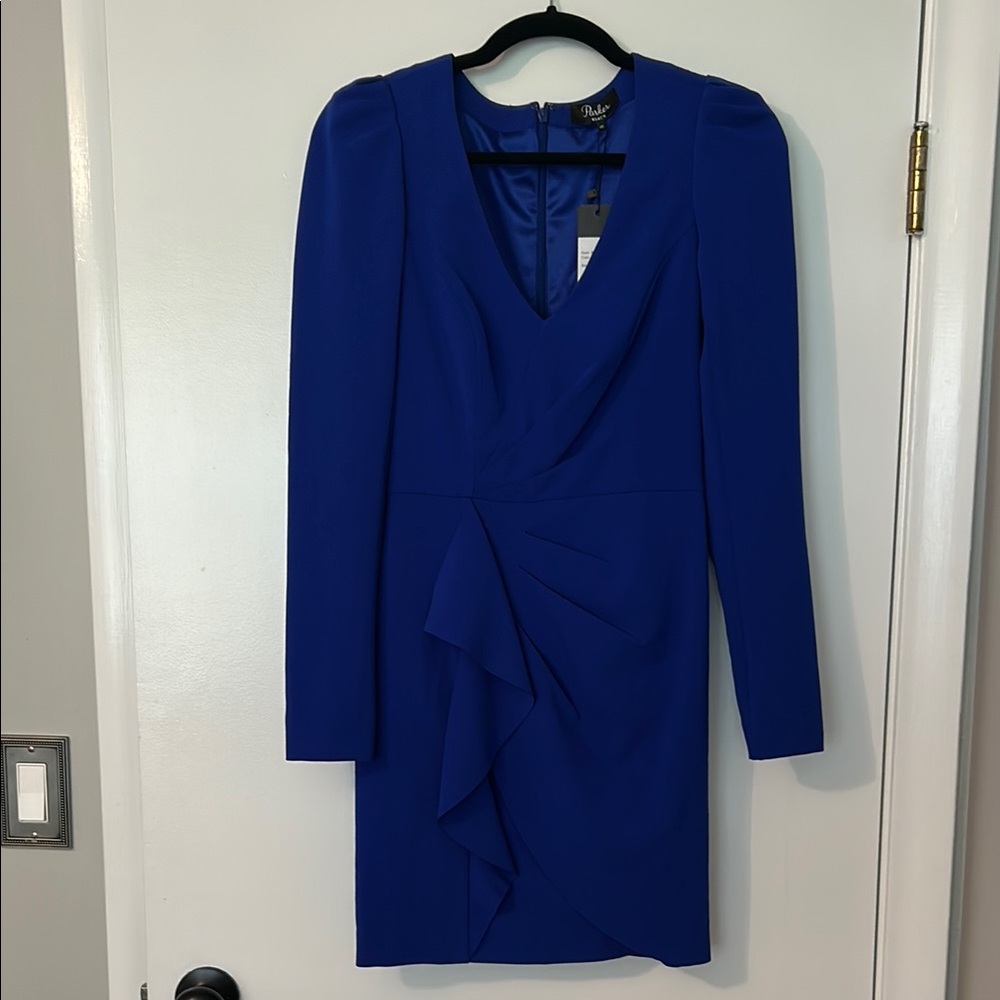 Parker Blue Ruched V-Neck Long Sleeve Dress